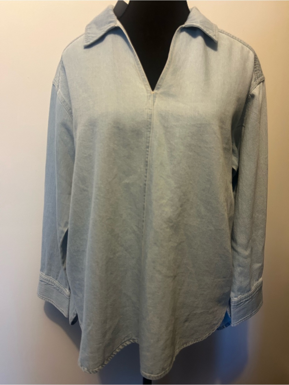 Light Blue Denim Tunic Top - Women's Relaxed Collared Pullover